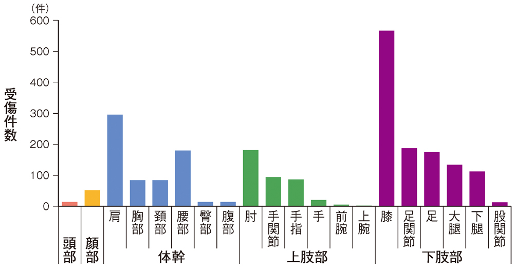図　柔道における外傷・障害の部位別受傷件数